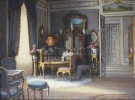 Friedlinger Jenő (1890-?): Kastélyenteriőr. Olaj, vászon. Jelezve jobbra lent: Friedlinger J. Hátold...