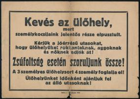 cca 1945 &quot;Kevés az ülőhely, mert személykocsijaink jelentős része elpusztult...&quot; röplap, hajtott, szakadással, 17,5×25 cm