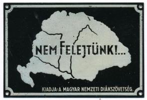 cca 1930 Nem felejtünk!... - kiadja a Magyar Nemzeti Diákszövetség, irredenta fém tábla, apró kopásnyomokkal, 6x9 cm