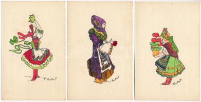 3 db RÉGI magyar népviseletes folklór művészlap, Tauber szignóval / 3 pre-1945 Hungarian folklore art postcards, signed by Tauber