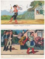 4 db RÉGI magyar népviseletes folklór művészlap: nótás grafika, népdalok / 4 pre-1945 Hungarian folklore art postcards: folk songs