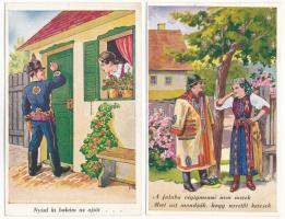 4 db RÉGI magyar népviseletes folklór művészlap: nótás grafika, népdalok / 4 pre-1945 Hungarian folk...