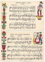 3 db RÉGI magyar népviseletes folklór művészlap: nótás grafika, népdalok kottával / 3 pre-1945 Hungarian folklore art postcards: folk songs, sheet music