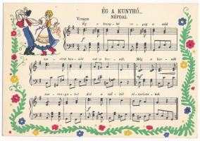 3 db RÉGI magyar népviseletes folklór művészlap: nótás grafika, népdalok kottával / 3 pre-1945 Hunga...