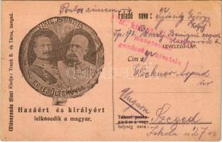 1916 Hazáért és királyért lelkesedik a magyar. Egyesült erővel - Viribus Unitis! Osztrák-magyar tábori postai levelezőlap Ferenc József és II. Vilmos képével / WWI Austro-Hungarian K.u.K. military field postcard with Franz Joseph I of Austria and Wilhelm II, Viribus Unitis propaganda (EK)