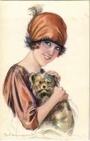 Olasz hölgy kutyával / Italian lady art postcard with dog s: Bompard