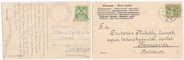 Boldog Újévet! Ein frohes Jahr! - 2 db RÉGI újévi üdvözlőlap: hóemberek egymásnak adnak tüzet, sziva...