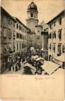 1900 Fiume, Rijeka; Piazza dell'Erbe / square, market, shops, pharmacy, drugstore (kis szakadás / small tear