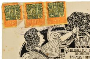 1925 Debrecen, iparostanonciskolai bizonyítvány, izgalmas szecessziós illusztrációval, 3 db 1000 K. ...