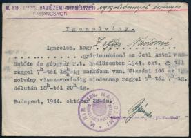 1944 Bp., Hadiüzemi kijárási igazolvány már a nyilas időkből