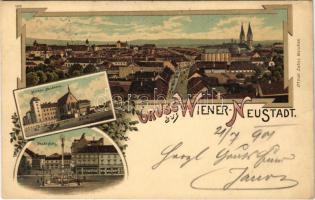 1904 Wiener Neustadt, Bécsújhely; Militair-Akademie, Stadtplatz / general view, K.u.K. military academy, square. Ottmar Zieher Art Nouveau, floral, litho