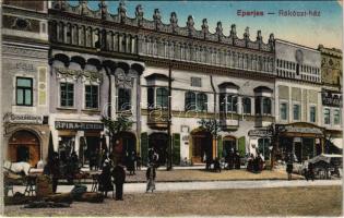 Eperjes, Presov; piac, Rákóczi ház, Spira Henrik, Eichenbaum, Goldwender és Moskovits-cipőgyár üzlete / shops, market, mansion (EK)