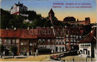 1915 Segesvár, Schässburg, Sighisoara; Piactér, Evangélikus templom, F. Lingner üzlete / market square, Lutheran church, shops