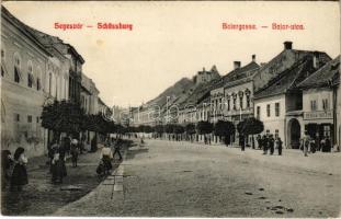 1915 Segesvár, Schässburg, Sighisoara; Baiergasse / Bajor utca, Friedrich Melzer, Kwieczinsky Antal üzlete / street view, shops (EK)