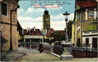 1916 Nagyszeben, Hermannstadt, Sibiu; Kis tér, várostorony, piac, Adolf Göbbel üzlete / Kleiner Ring, Ratthurm / square, town tower, shop, market (EK)