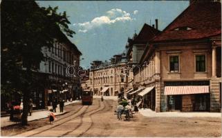1913 Nagyszeben, Hermannstadt, Sibiu; Disznódi utca, villamos, Julius Wermescher üzlete, Római császár szálloda / Heltauergasse / street, shops, tram, hotel (EK)
