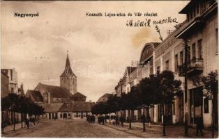 1915 Nagyenyed, Aiud; Kossuth Lajos utca és vár részlet, Szeidl szálloda, gyógyszertár, Farkas Vilmos üzlete. Földes Ede kiadása / street view, hotel, pharmacy, shops (EK)