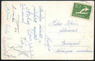 1955 Göteborg, a magyar labdarúgó-válogatott tagjai, közte az Arancsapat tagjai által aláírt képeslap, Svédországból haza, az aláírók között: Sebes Gusztáv, Titkos Pál, Tichy Lajos, Kocsis Sándor, Mándi Gyula, Börzsei János, Puskás Ferenc, Hidegkuti Nándor, Sándor Károly, Zakariás József és mások./   1955 Autograph signature of Hungarian National Football Team, from Sweden to Hungary. Gusztáv Sebes, Pál Titkos, Lajos Tichy, Sándor Kocsis, Gyula Mándi, Börzsei János, Ferenc Puskás, Nándor Hidegkuti, Károly Sándor, József Zakariás and others.