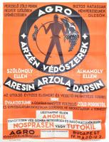 cca 1930 Agro Arzén Védőszerek nagyméretű art deco reklámplakát, Bp., Agro Növényvédelmi és Mezőgazdasági Rt.,(Klösz-ny.), hajtott, kis foltokkal, jó állapotban, 126x95 cm