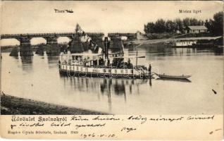 1906 Szolnok, Tisza híd, Móricz liget, "Sirály" csavaros vontató gőzhajó (a hajónév felett a "MÁK" vagyis Magyar Állami Kotrások felirat). Ragács Gyula felvétele (EK)