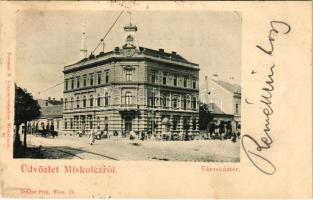 1899 (Vorläufer) Miskolc, Városház tér, városháza, piac. Ferenczi B. kiadása (lyuk / pinhole)