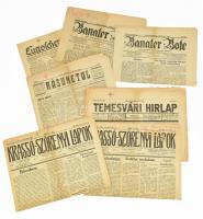 1926 Vegyes bánáti/bánsági újság tétel, 7 db, közte Krassó-Szörényi Lapok. Politikai lap. Szek.: Serényi József. XLVIII. évf. 69. és 74. szám.,az egyik szakadt, 4+4 p.;  Temesvári Hírlap. XIV. évf. 199. sz., szakadozott, 8 p.;  Banater Note. XXVIII. évf. 68. és 69. számok, német nyelven, 4+4 p.;  Lugoscher Zeitung. 34. évf. Nr. 89. szám, német nyelven, 4 p.;  Rasunetul. Lugoj, V. évf. Nr. 36, 4 p.