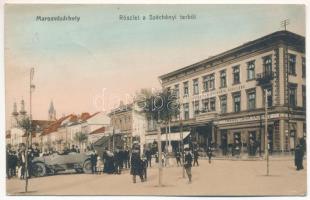 1915 Marosvásárhely, Targu Mures; Széchenyi tér, Transilvánia szálloda és kávéház, autó, cipőraktár, üzletek. Porjes S. Sándor kiadása / square, hotel and cafe, shops, shoes store, automobile (EK)