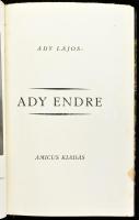 Ady Lajos: Ady Endre. Bp.,1923,Amicus,(Pápai Ernő-ny.),1 t.+245+3 p.+12 t.(Fekete-fehér fotók.) Oldalszámozáson belül egy egész oldalas térképpel is illusztrált. Első kiadás. Korabeli bordázott félbőr kötés. Számozott (620./1000) példány. Déri Miklósné ex librisével