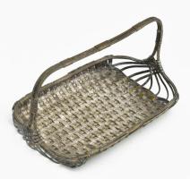 Antik ezüstözött réz kosár kínáló, kopással, 22x12x10 cm
