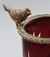 Antik csiszolt bordó kristályüveg váza, madár figurákkal és növényi ornamentikával díszített bronz s...
