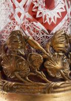 Antik csiszolt bordó kristályüveg váza, madár figurákkal és növényi ornamentikával díszített bronz s...