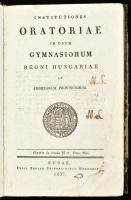 Institutiones oratoriae in usum gymnasiorum Regni Hungariae et adnexarum provinciarum. Buda, 1837. Univeritatis. XVI, 368 p.. Korabeli, kopottas félbőr kötésben. Címlapon kis hiánnyal