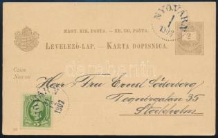 1907 2kr díjjegyes millenniumi képeslap késői felhasználása Svédországban / Late usage of Hungarian 2kr millennial PS-card in Sweden NYOVARN - Stockholm