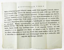 cca XIX. sz. közepe - vége Egyházi témájú nagyméretű nyomtatvány: "Kilenczedik Tábla. Midőn felebarátod' hibáját itélgeted, mindig vonulj vissza magadba, 's keresd, nincs-e benned hasonló hiba? ... " , hajtott, kis lyukkal. 45x59 cm