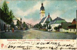 Szepesbéla, Spisská Belá (Szepes, Zips); Fő utca, Római katolikus templom és iskola. Feitzinger Ede 698. A.J. 1904/14. / Hauptstrasse, kath. Kirche u. Schule / main street, Catholic church and school (kopott sarkak / worn corners)