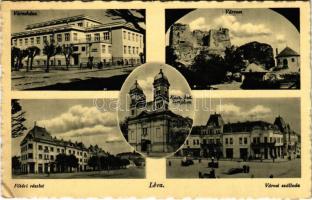 1941 Léva, Levice; Városháza, várrom, Főtér, Római katolikus templom, Városi szálloda, piac / town hall, castle ruins, main square, Catholic church, hotel, market (EK)