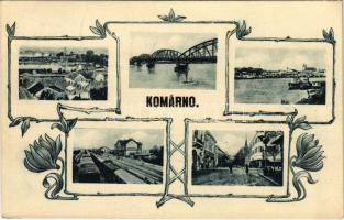 1935 Komárom, Komárno; mozaiklap vasútállomással / multi-view postcard with railway station. Art Nouveau, floral (EK)