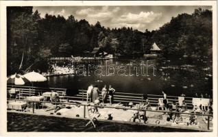 1942 Szovátafürdő, Baile Sovata; Medve tó, fürdőzők, napozók. Körtesi Károly fényképész felvétele és kiadása / Lacul Ursu / lake, bathers, sunbathing