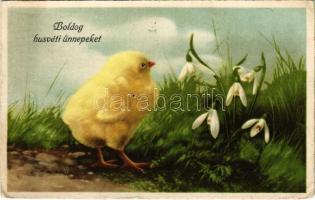 1942 Boldog húsvéti ünnepeket! / Easter greeting art postcard, chicken and flowers. Pittius (EK)