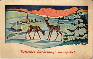 1941 Kellemes karácsonyi ünnepeket! / Christmas greeting art postcard with deer s: Gyulai (EB)