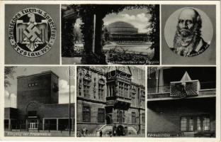 Wroclaw, Breslau; Deutsches Turn- u. Sportfest 1938. Jahrhunderthalle mit Pergola, Turnvater Jahn, Eingang zur Friesenwiese, Schweidnitzer Keller, Ehrentribüne / German gym and sport festival, NSDAP German Nazi Party propaganda with swastika + So. Stpl.