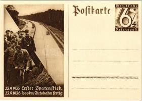 1933 Erster Spatenstich - 1936 1000 km Autobahn fertig / 1933 First Groundbreaking - 1936 1000 km highway completed. Adolf Hitler, NSDAP German Nazi Party propaganda. 6+4 Ga.