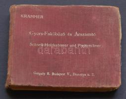 1924 Krammer Jenő-féle "Gyors-faköböző és árszámító" könyvecske a fűrészelt faanyagok részére az Eggenberger Könyvkereskedés kiadásában, Budapest, sérült állapotban