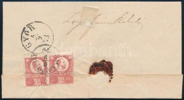 1873 3 x Réznyomat 5kr ajánlott levélen (2 db eltépve) / 3 x 5kr on registered cover (2 stamps torn ...