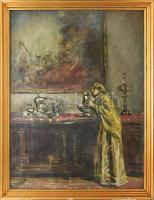 Márk Lajos (1867-1940): Dáma sárga ruhában. Olaj, vászon, jelezve balra lent. Sérült. Proveniencia: Orosz Péter, a 2007-ben megjelent Márk Lajos kötet szerzőjének és családjának gyűjteményéből. Dekoratív, üvegezett, kissé sérült fakeretben, 78×59 cm