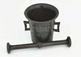 Fém mozsár , törővel, kopással, m: 12,5 cm, törő h: 22,5 cm