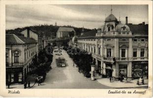 1941 Miskolc, Erzsébet tér az Avassal, üzletek (fl)