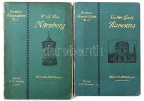 Berühmte Kunststätten sorozat 2 kötete (No. 5., 10.): Rée, Paul Johannes: Nürnberg. Entwickelung seiner Kunst bis zum Ausgange des 18. Jahrhunderts. + Goetz, Walter: Ravenna. Leipzig-Berlin, 1900-1901, E. A. Seemann. Fekete-fehér képekkel illusztrálva. Német nyelven. Kiadói papírkötés, festett lapélekkel, kissé sérült borítókkal, néhány kissé foltos lappal.