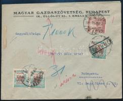 1924 Budapest helyi levél 100K bérmentesítéssel, majd 1000K portóval és 1000K érvénytelen bélyeggel visszaküldve / Local cover, returned with postage due