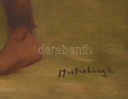 Mesterházy Dénes (1900-1949 körül): Csirkefogó. Olaj, vászon, jelzett. Dekoratív, sérült fakeretben,...